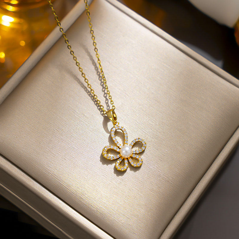 Korean Style Floral Necklace with Pearl Pendant