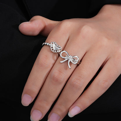 Zircon Bow Heart Ring 2-Piece Set