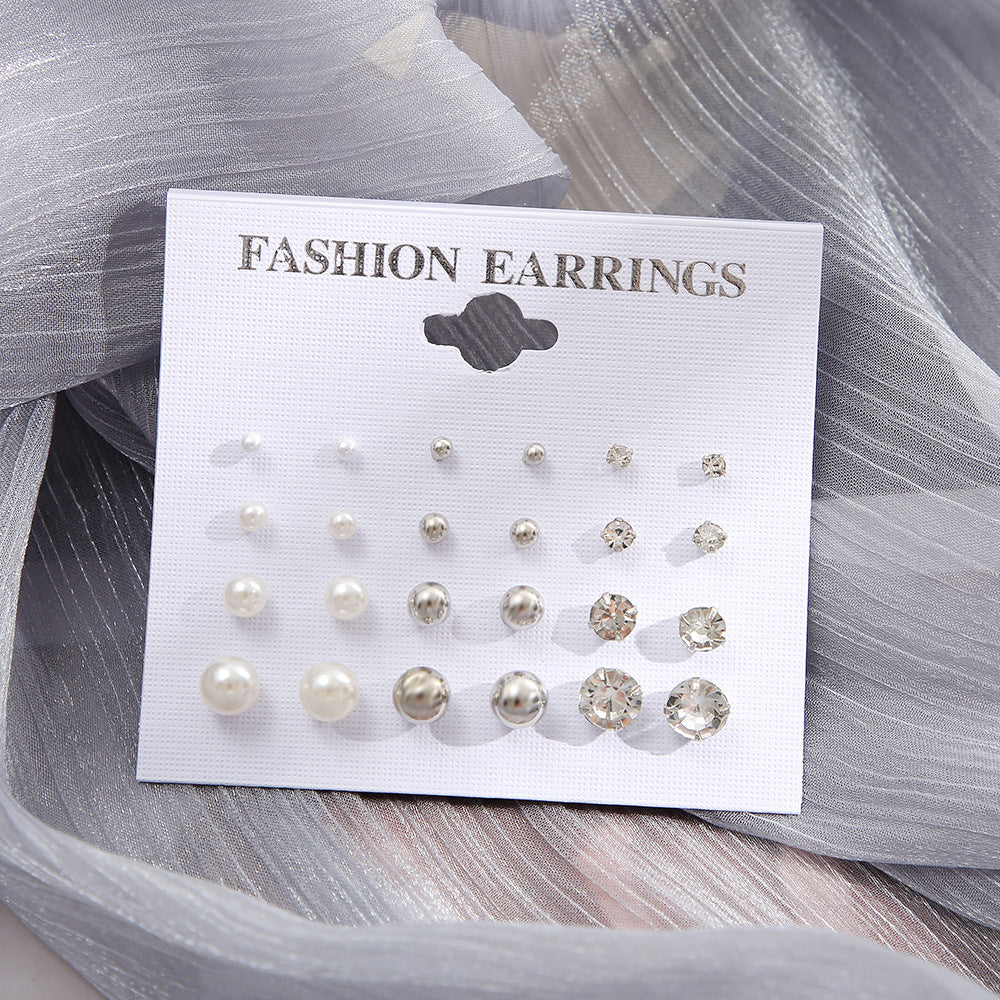 Metal Pearl Zircon Earring Set 12 Pairs