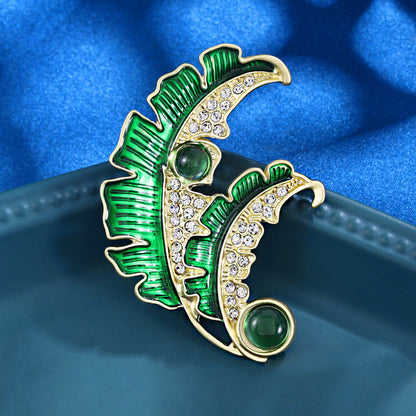 Banana leaf enamel brooch