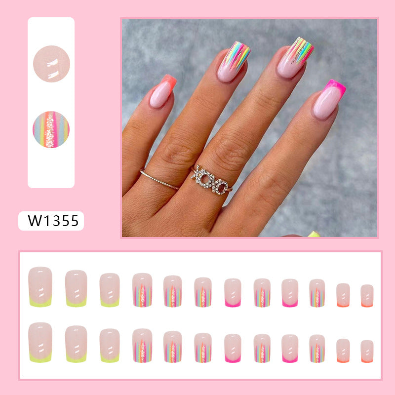 Medium-Length Rainbow Striped French Fake Nails