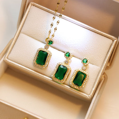 Emerald Zircon Pendant Necklace and Earrings Set for Women