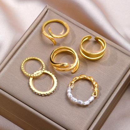 Gold Diamond Pearl Ring Set 6 Pieces