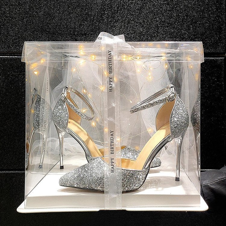 Rhinestone pointed silver high heels women