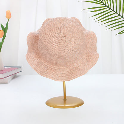 Sombrero de paja ondulado para niños con cordón resistente al viento y ala grande con protección solar 