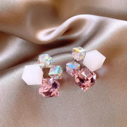 Geometric square three-dimensional dream crystal stud earrings