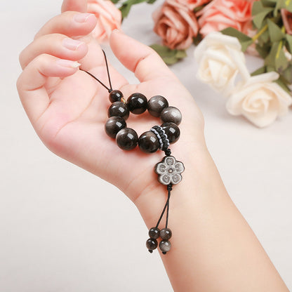 7A Natural Silver Obsidian Round Bead Mobile Phone Chain Pendant