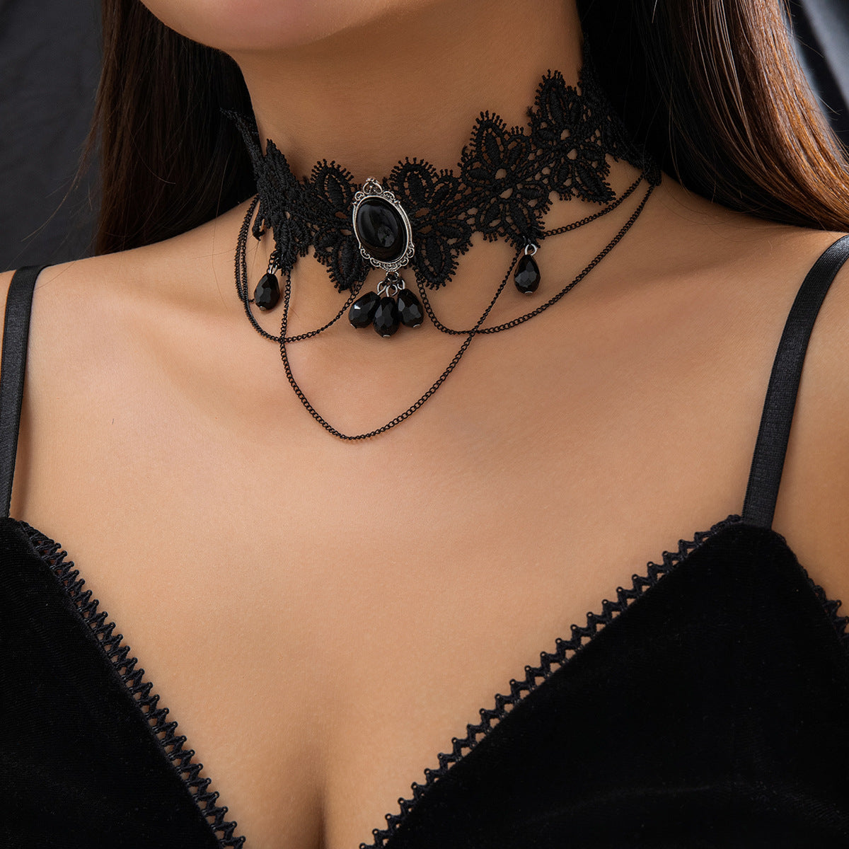 Black Gothic Feng Shui Drop Fringed Necklace