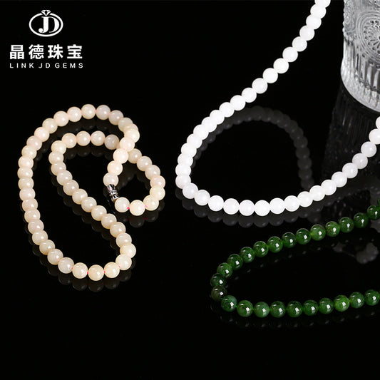 Natural Hetian white jade round bead necklace