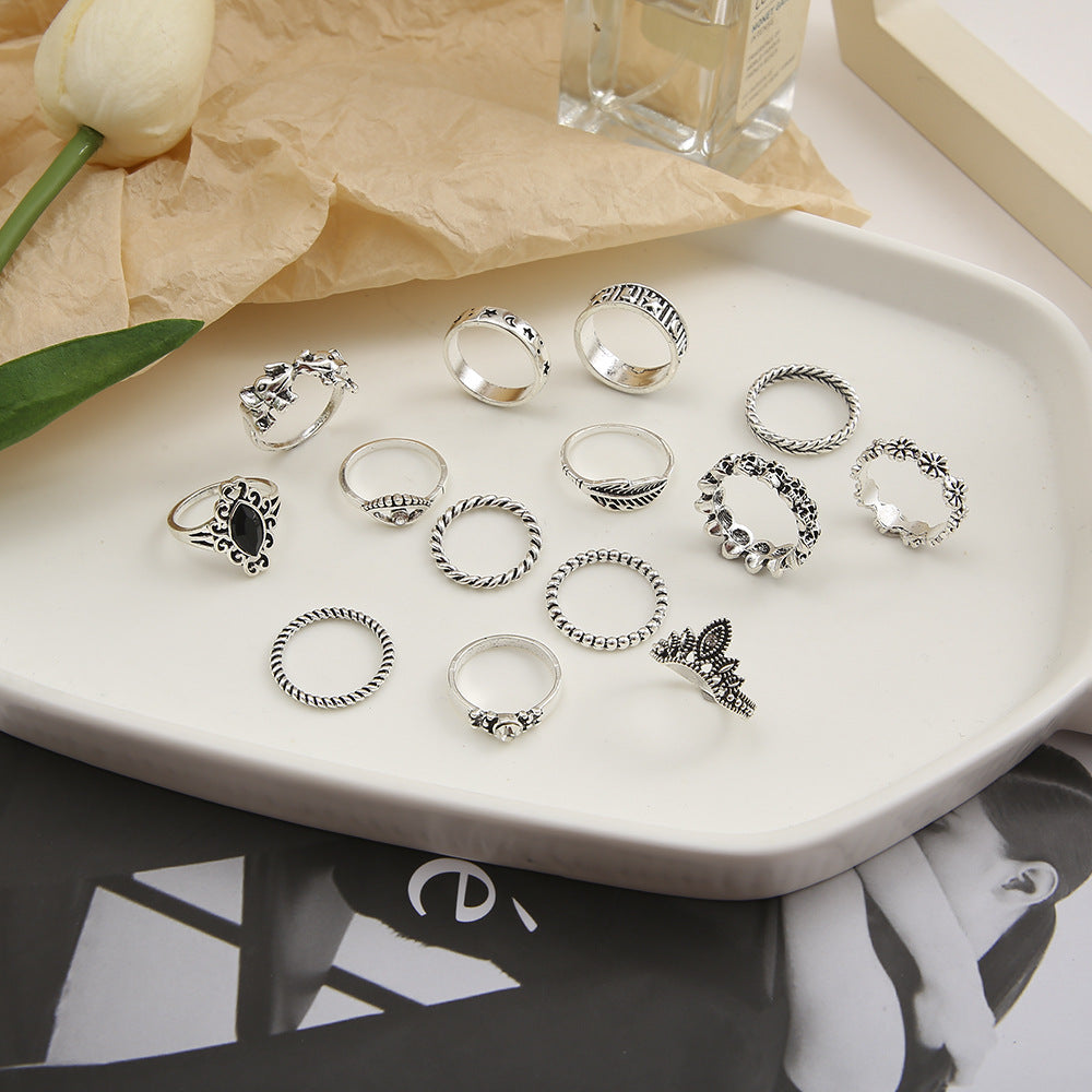 14-piece retro punk silver and black diamond ring set