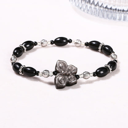 Pulsera de cuentas de arroz y obsidiana natural con obsidiana plateada 