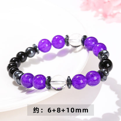 Natural black agate purple chalcedony round bead bracelet.