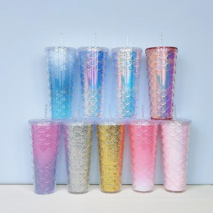 Scaled Pattern Large Capacity Double-Layer Plastic Straw Bottle