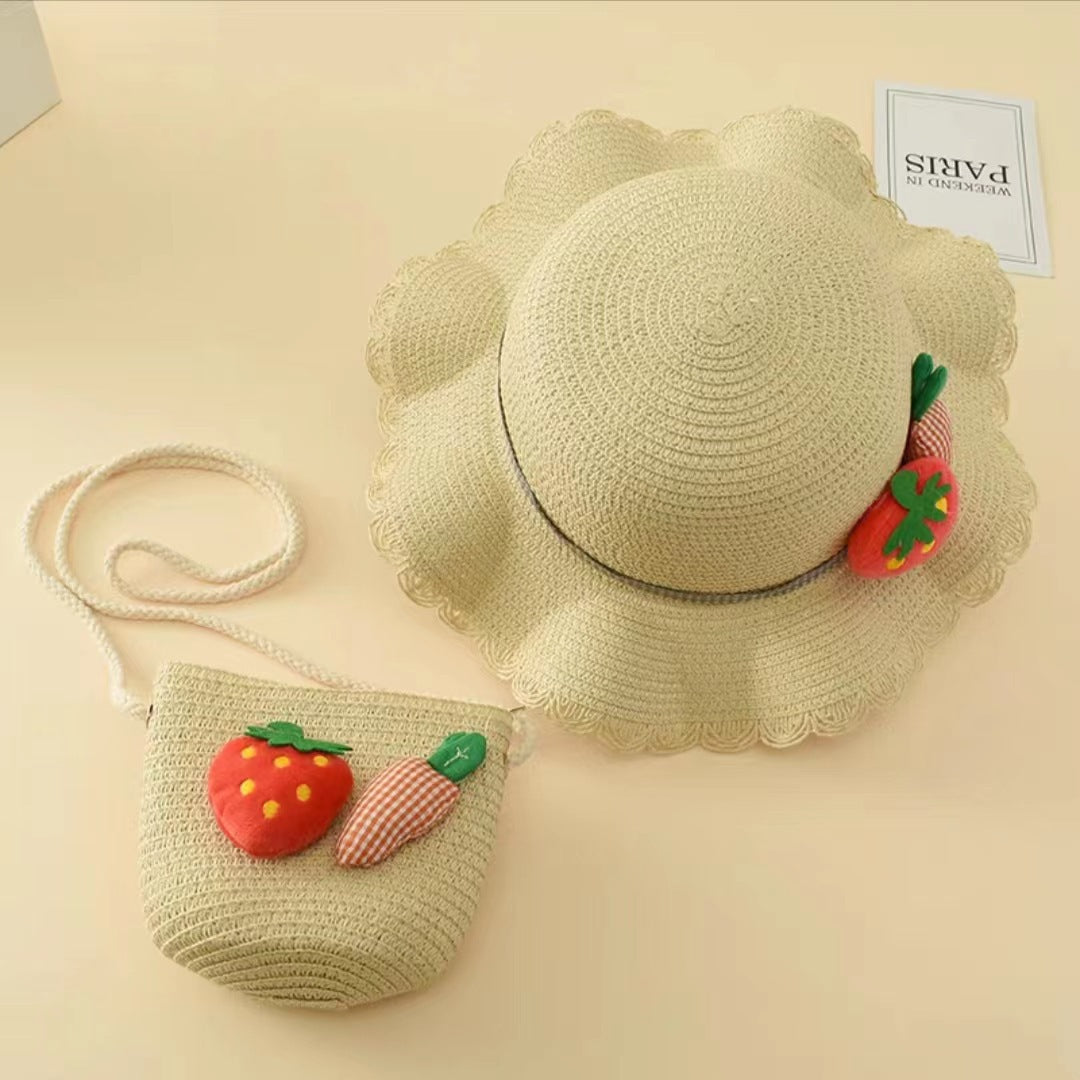 Girls' Sun Hat Kids' Straw Bag Set Summer Thin Cool UV Sun