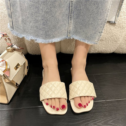 Square head flat bottom embroidered slippers