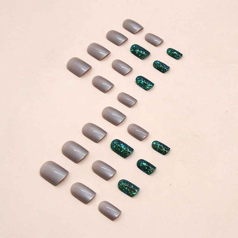 Short Dark Green Aurora Glitter Square Fake Nails