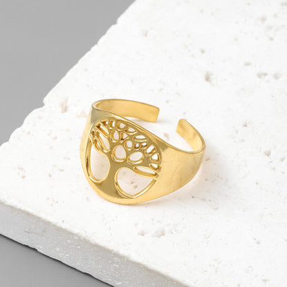 Anillo de acero de titanio con forma de árbol de la vida y hojas de Qizhu 