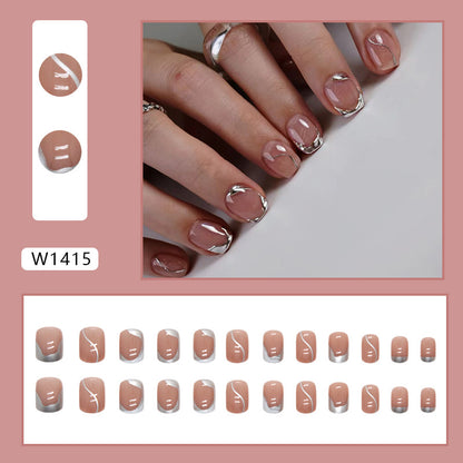 Silver Irregular Line Short Square Fake Nails