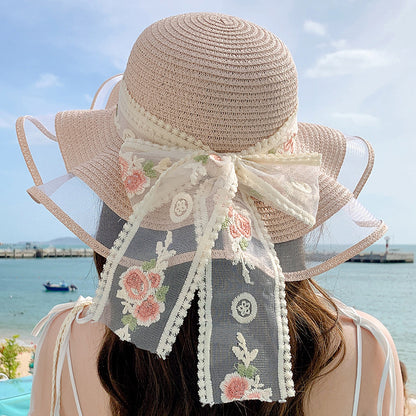 Influencer Ribbon Lace Sun Hat Summer Wide-Brim Straw Hat