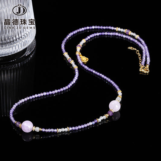 Natural purple jade cut zircon round beads necklace