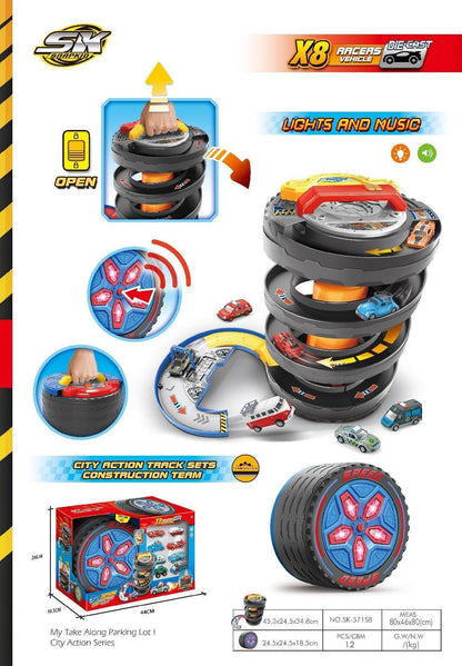 Children's Portable Transforming Tire Track Storage Parking Lot DIY Assembly Spinning Track Toy