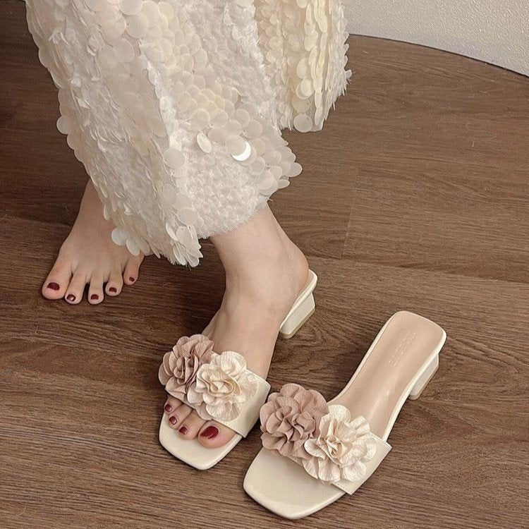 Flower medium heel one-word cool slippers