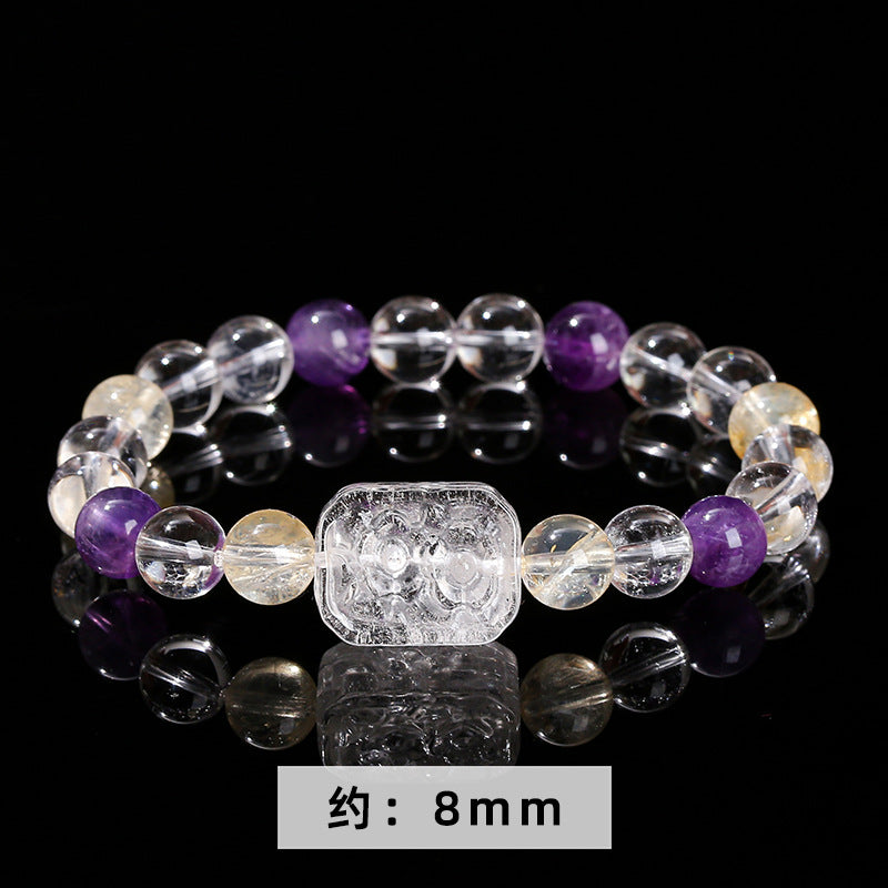 7A Natural White Crystal and Purple Citrine Round Bead Bracelet