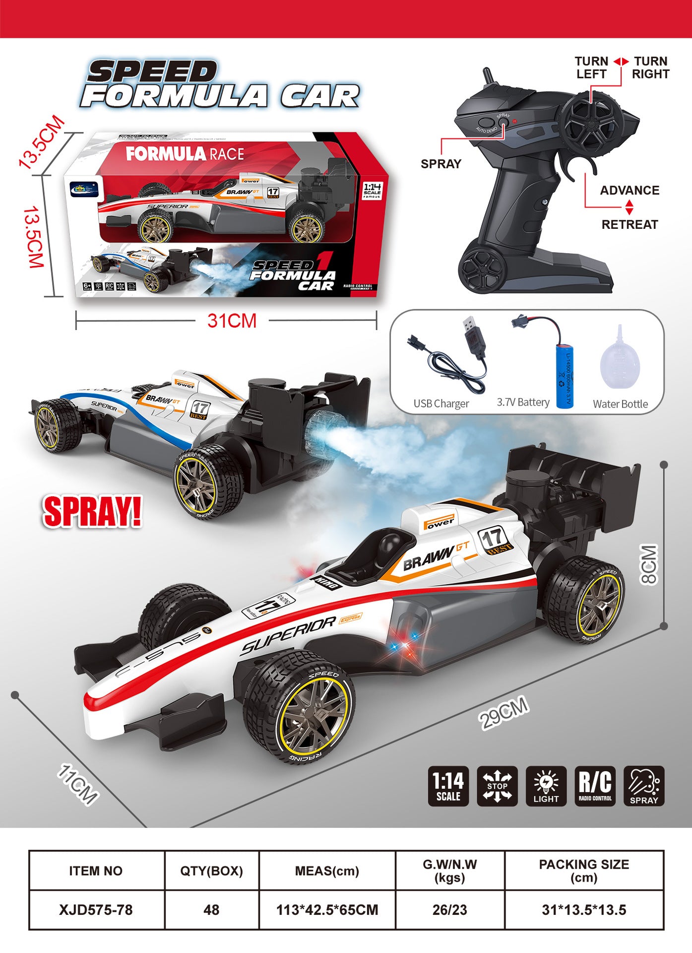 1:14 Scale Remote Control Formula Racing Car with Spray Function, Available in 5, 6, and 8 Channels Wireless Stunt Car