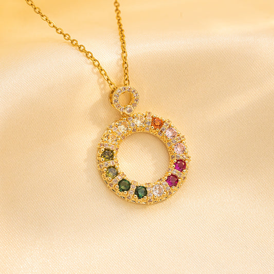 Colorful Zircon Donut Necklace, Stainless Steel Pendant