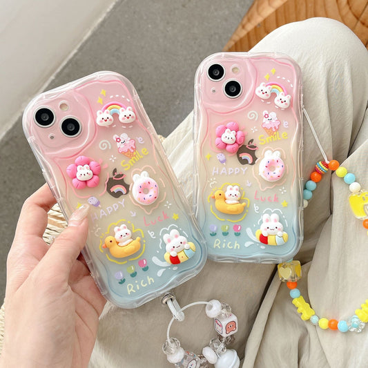 3D Rainbow Duck Case iPhone15 Pro 13 Bunny Chain Cream Texture