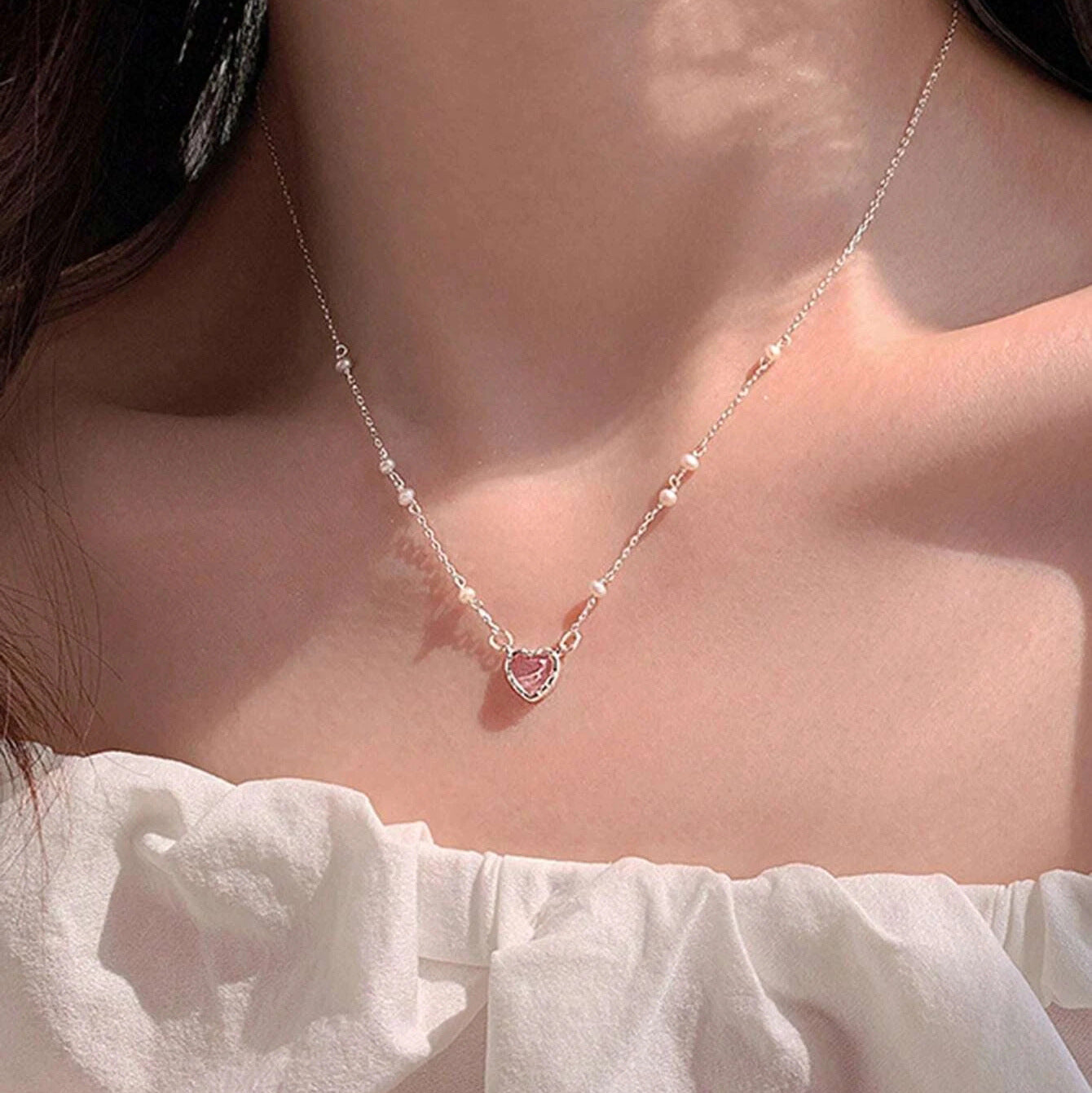 Pink Girl Heart Pearl Necklace