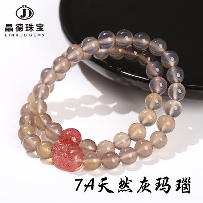 Grey agate strawberry crystal Pixiu double ring bracelet