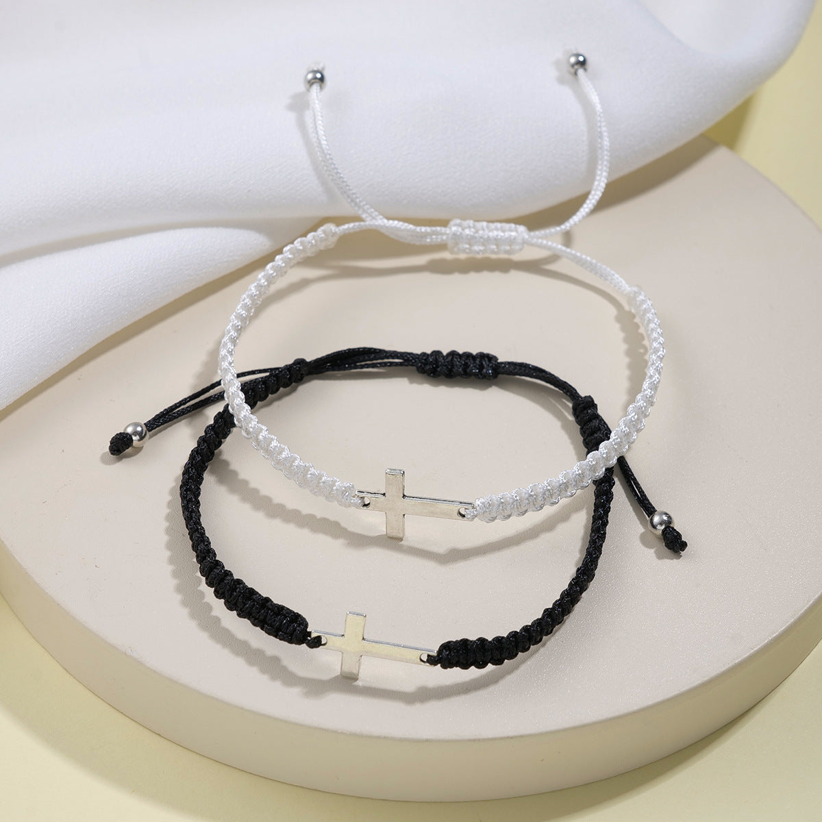 Braided Cross Bracelet Black and White Set