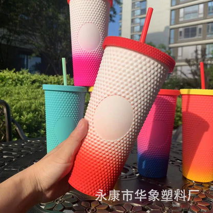 Durian cup gradual change color double layer plastic straw cup