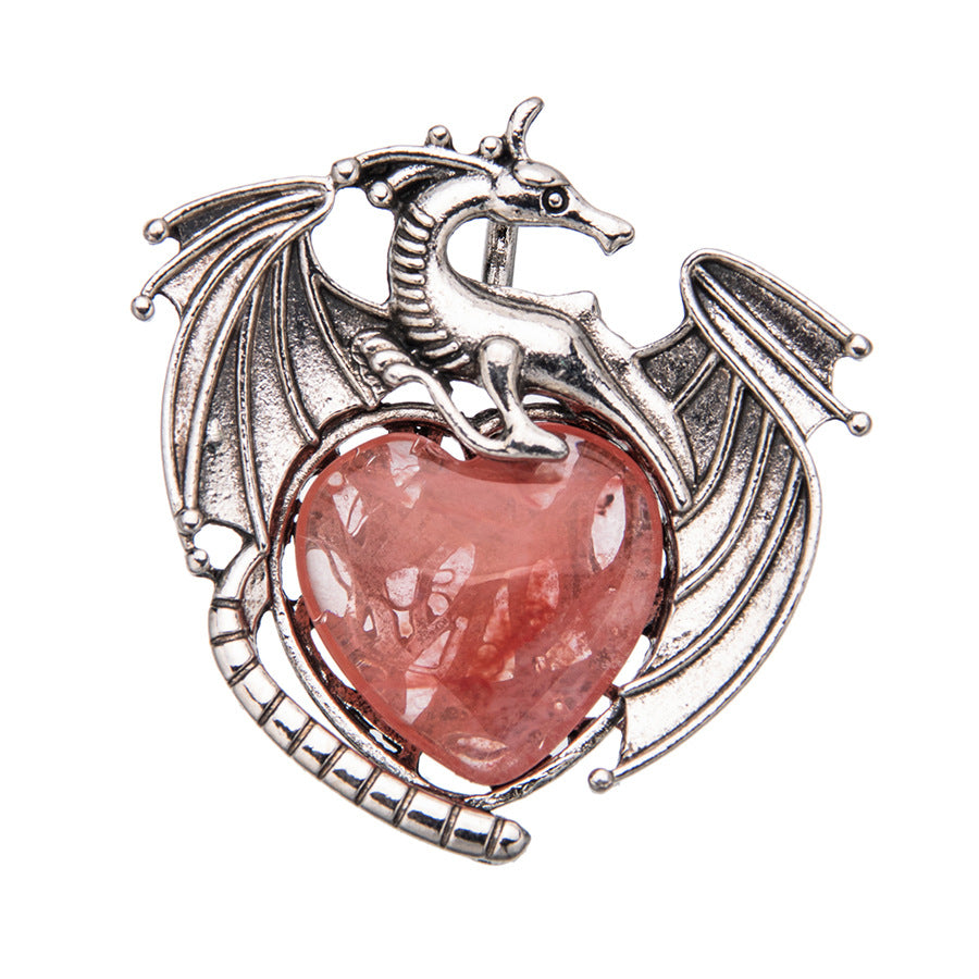 Vintage flying dragon pterosaur heart shaped crystal pendant