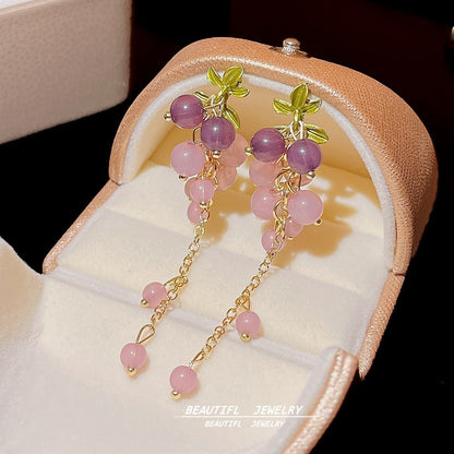 Pink long flower earrings for women