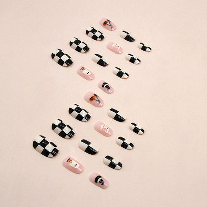 Milk White Checkered Oval Fake Nails