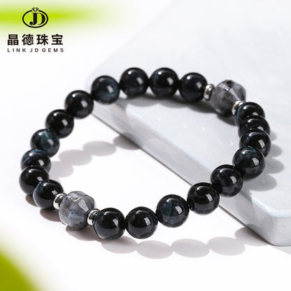 Ink blue tiger's eye stone black sparkling stone transfer bead bracelet.