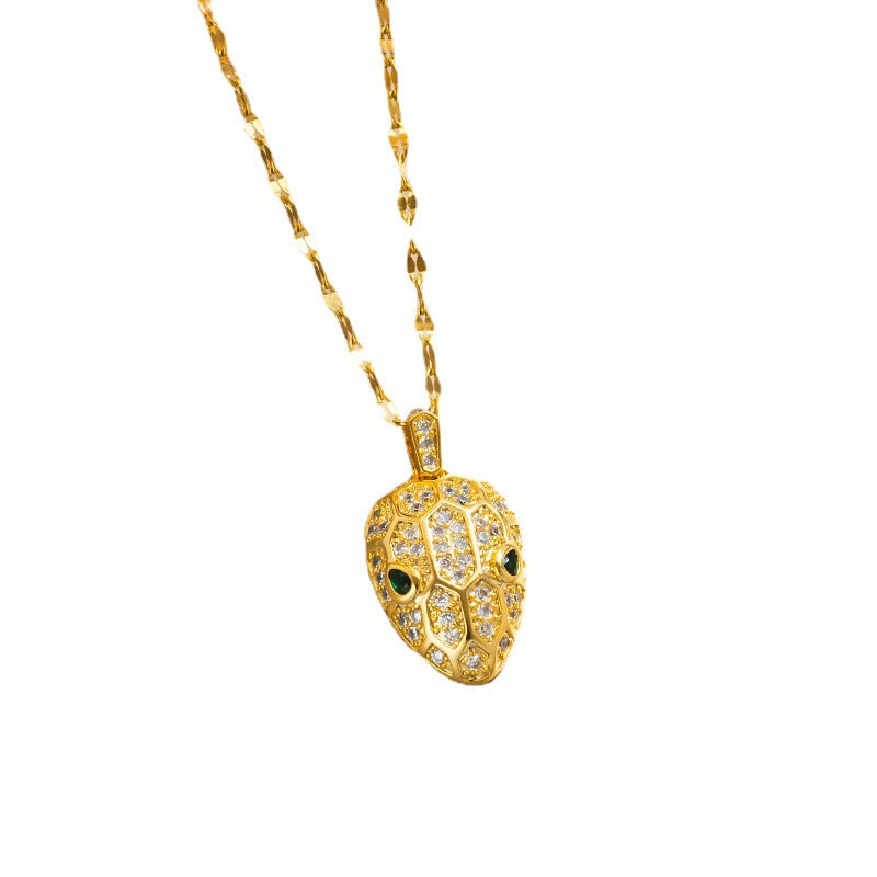 Gold Snake Head Pendant Necklace, Luxurious Copper Inlaid Zircon