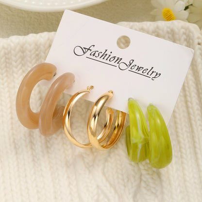 C-shaped gold resin alloy earrings 3-piece set