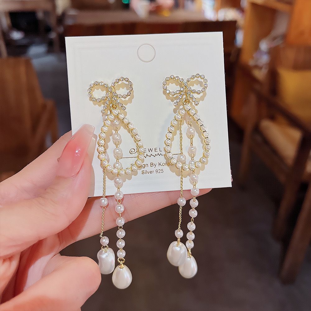 925 Silver Needle Long Pearl Earrings