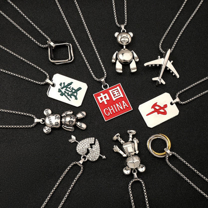 Titanium steel bear mahjong men's pendant necklace