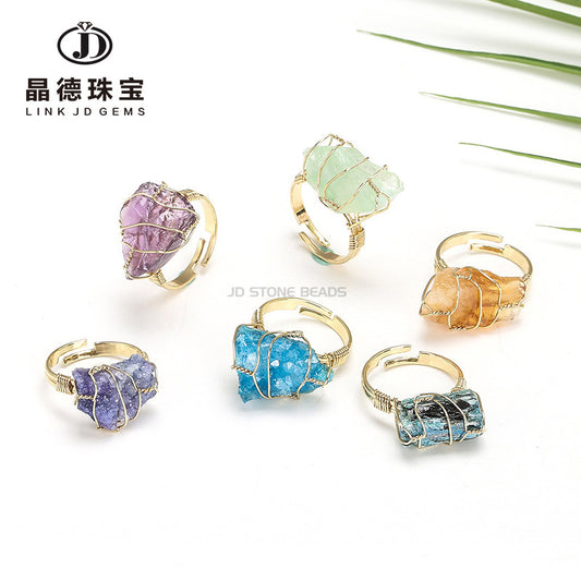 Crystal electroplated rough stone winding ring