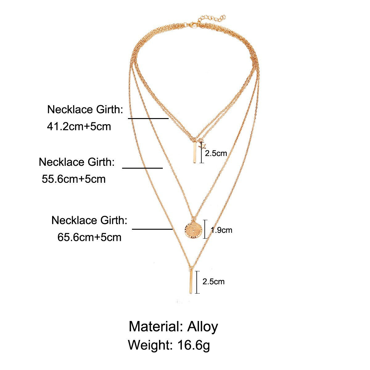 Multi-layered necklace with disc vertical bar pendant