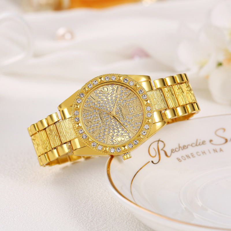 Diamond-Embedded Engraved Quartz Watch Unisex