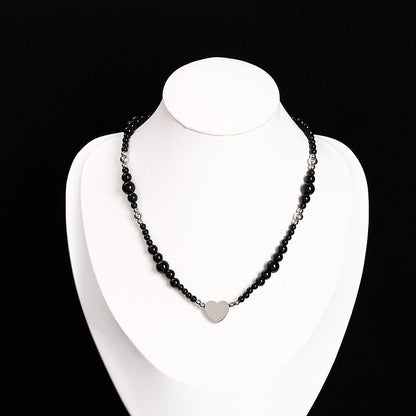 5A Natural Black Agate Necklace Stainless Steel Love Heart Pendant