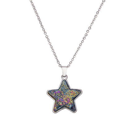 Electroplated Crystal Teeth Colorful Five-pointed Star Stainless Steel Pendant Necklace