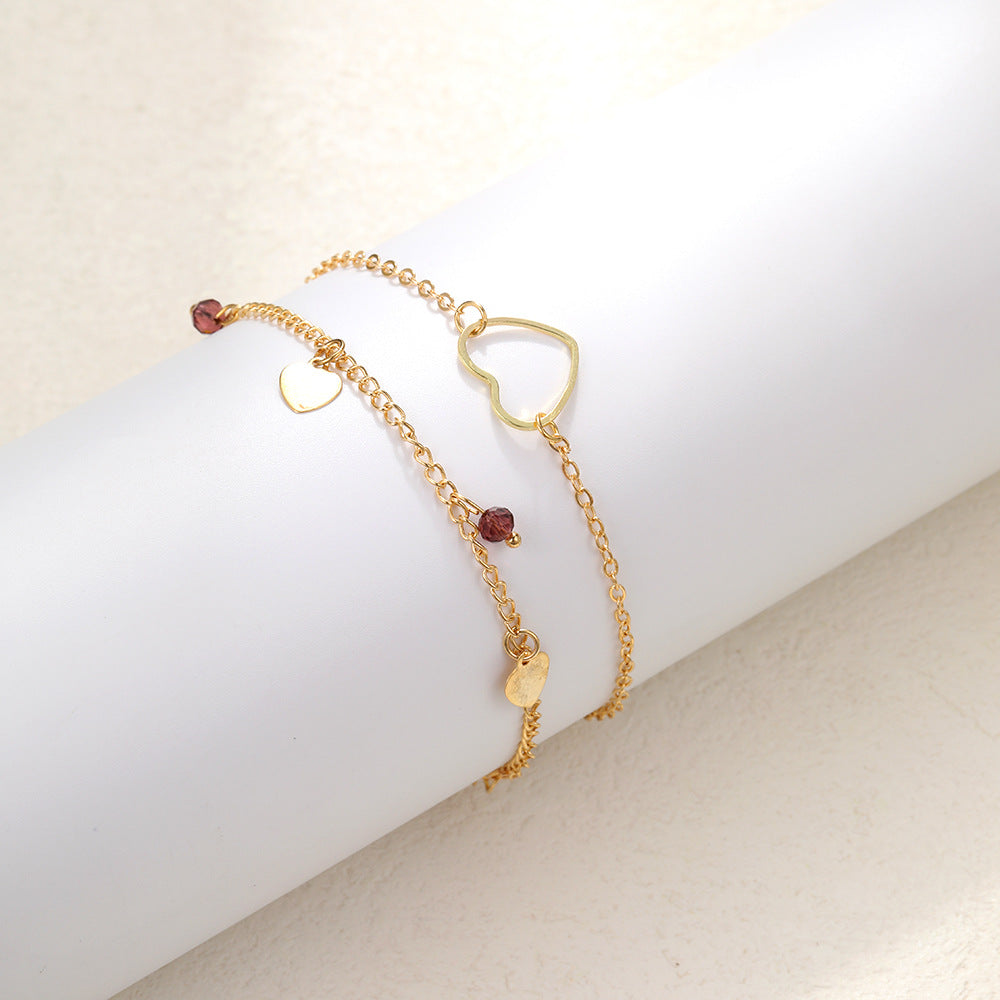 Double-layer heart anklet 2-piece set