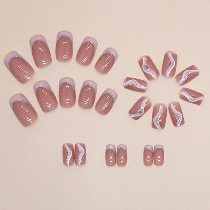 Pink and White Striped Square Fake Nails