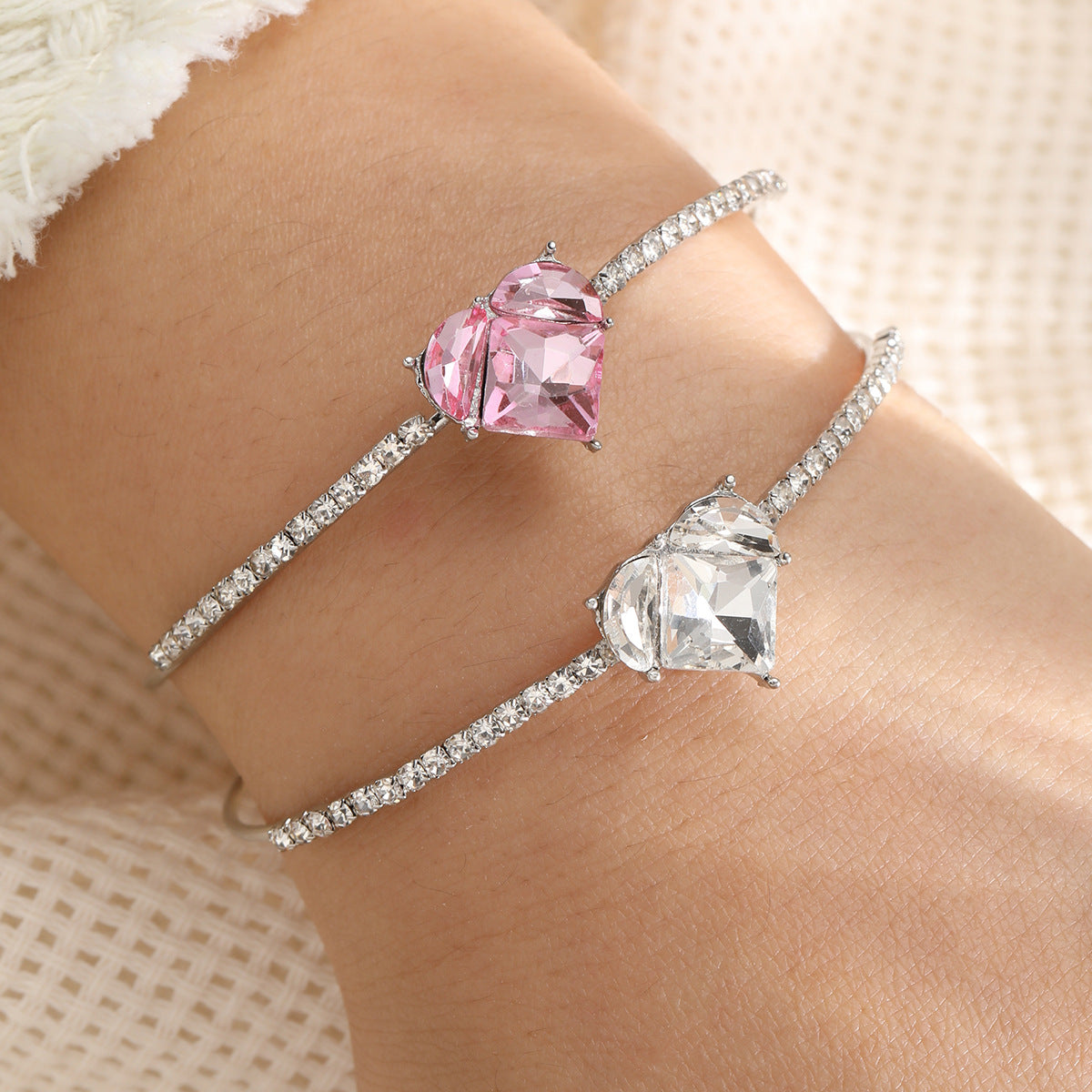 Pink Diamond Heart Zircon Bracelet 2-Piece Set